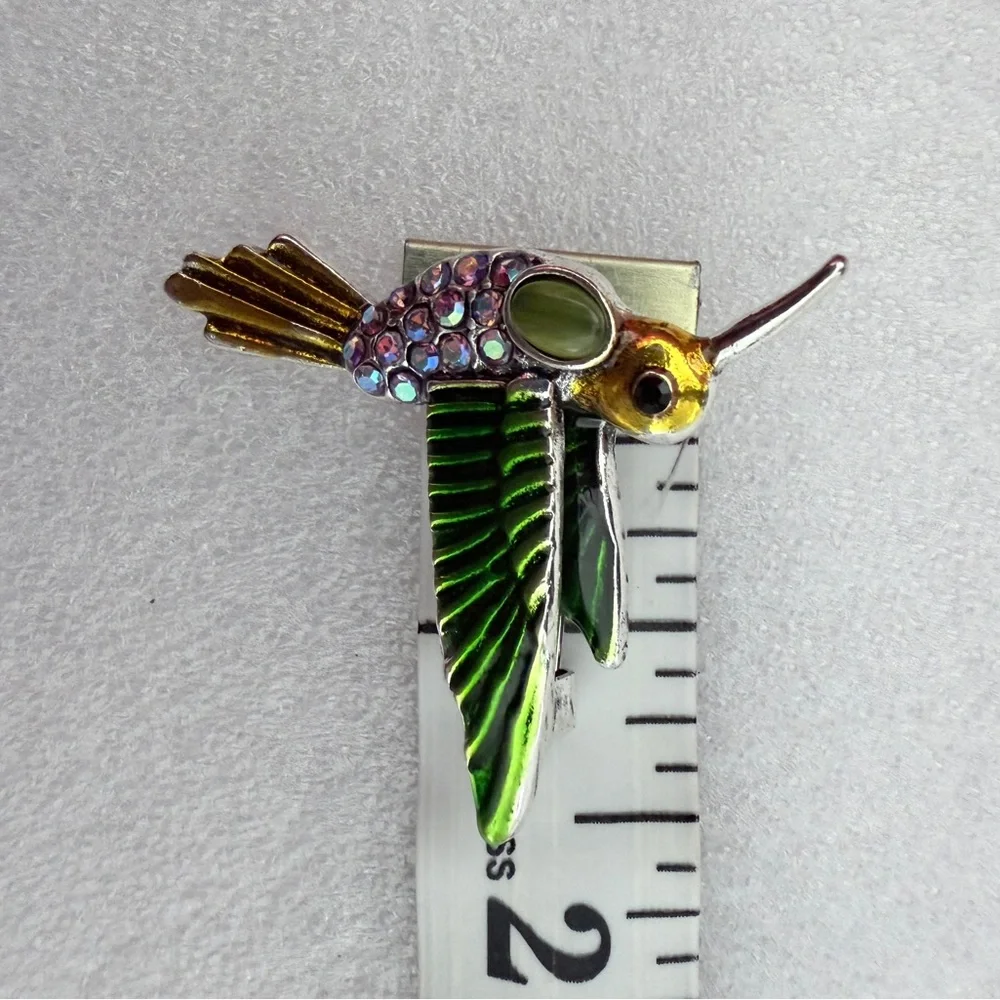 Decorative Green Hummingbird Bird Pendant - Enamel & Crystal Accent